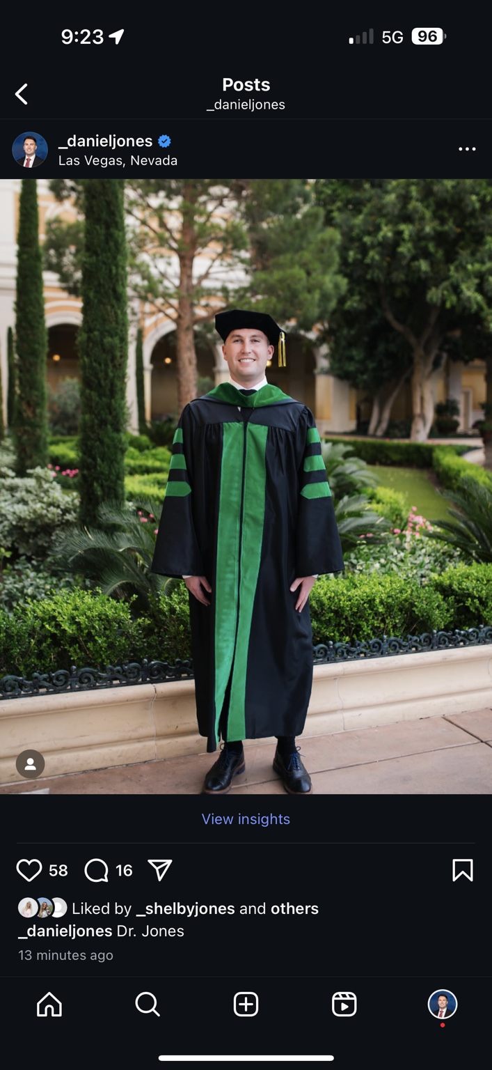 Daniel Thomas Jones in doctoral regalia at his medical school graduation